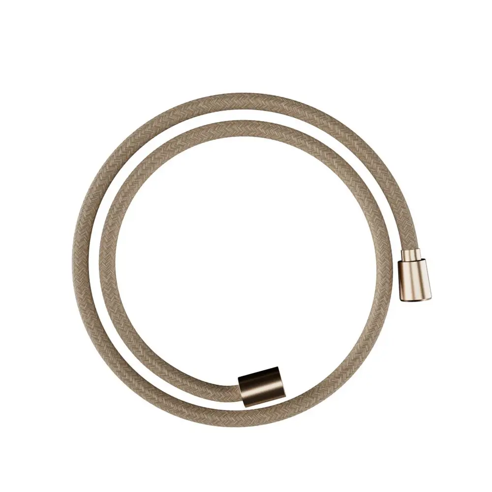 Textilbrauseschlauch in Beige mit zwei Metallanschlüssen, geeignet für Duschsysteme, präsentiert von Hansgrohe.